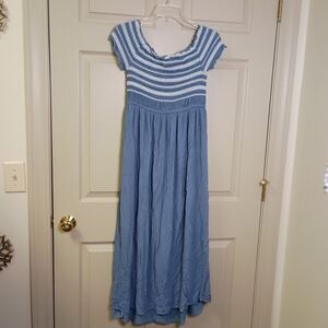 Tantrums Women's Dress Size Large Blue Gauze Boho Peasant Stretchy Short Sleeve